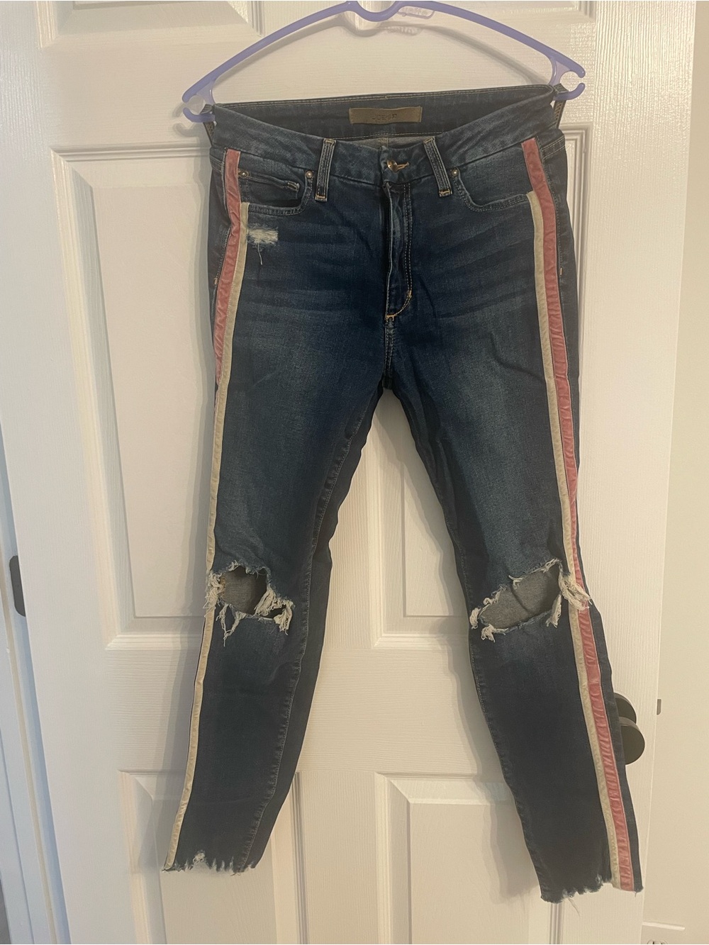 Dark Wash Women's Ripped Joe’s Jeans with Pink & Cream Side Stripes